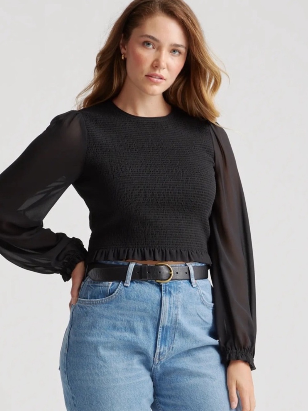 Quince chiffon cropped Smocked blouse top black